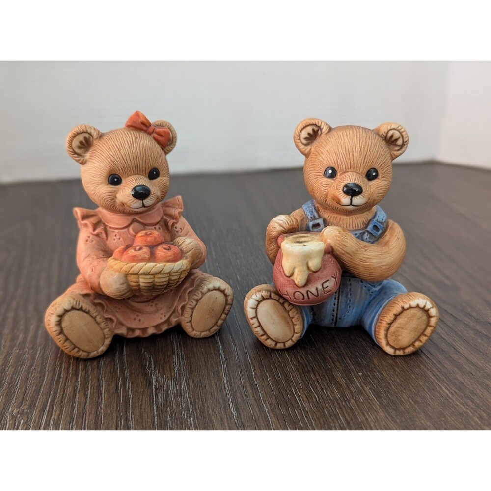 Vintage HOMCO Harvest Bears Figurines 1425 Country Farm Fall 4" SET OF 2 Marked